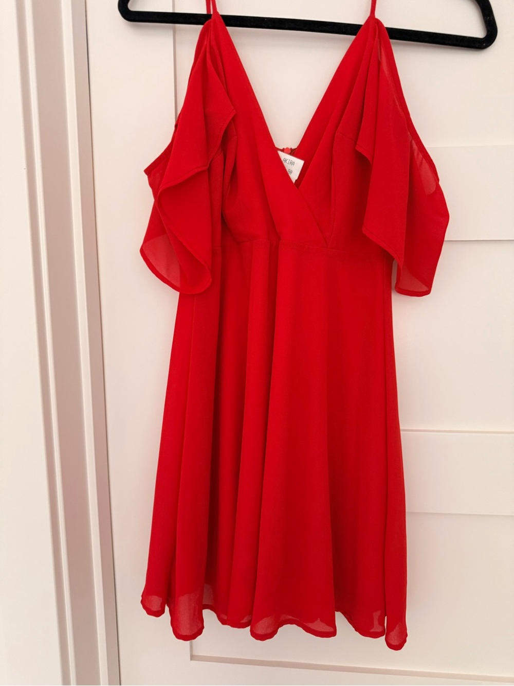 AKIRA Red Chiffon V-Neck Ruffle Sleeve Dress